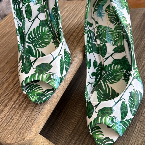 Aldo Stella Printed Patent Tropical Leaves Stiletto 4.5 In Peep Toe Heels 9 - Picture 12 of 12